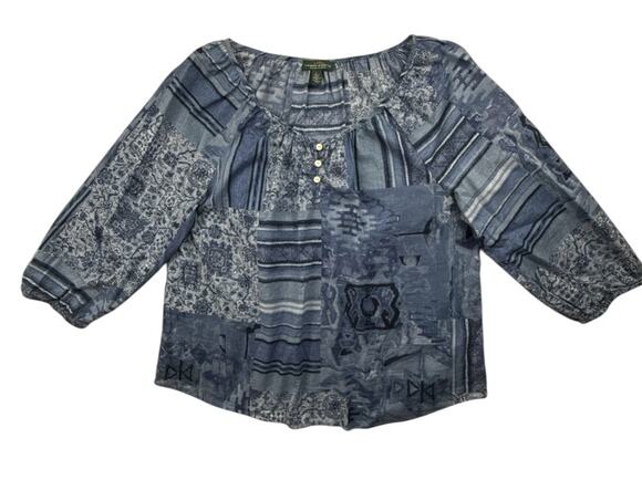 Lauren Ralph Lauren Tops - Lauren Ralph Lauren Shirt Blue Patchwork Floral Print Boho Top 3/4 Sleeve Large